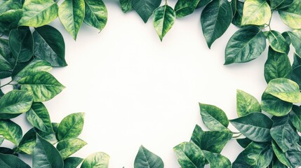 Green leaves arranged in a circular frame against a white background highlighting the beauty of nature and botanical decor.