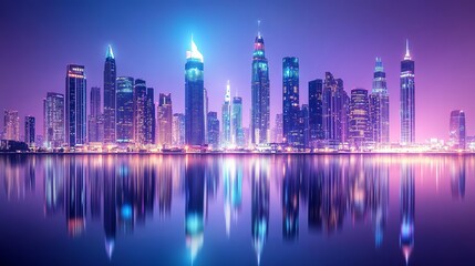 Fototapeta premium A futuristic cityscape with illuminated towers casts reflections on a tranquil water surface. This technology-themed wallpaper boasts a premium light background, perfect for any modern