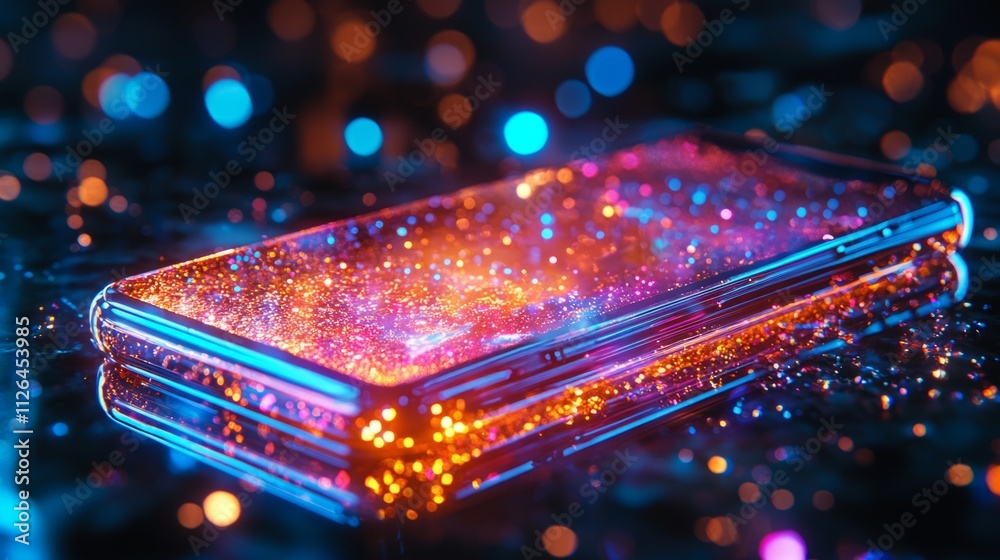 Poster a futuristic smartphone with a vibrant holographic display sits on a reflective surface, surrounded 