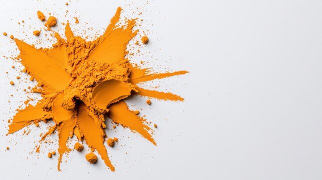 A photostock of bright orange powder splattered across a clean white background, creating dynamic energy for artistic visuals. High Quality