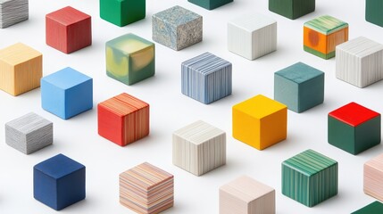 Colorful designer cubes arranged in a grid pattern, showcasing various textures and finishes on a clean white background, art, design, creativity, modern aesthetics.