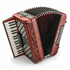 A classic accordion featuring red and black detailing, delivering rich,