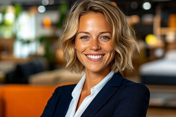 Fototapeta premium Professional middle age blonde saleswoman wearing a blue blazer in a stylish furniture store, confidently presenting various home decor options.