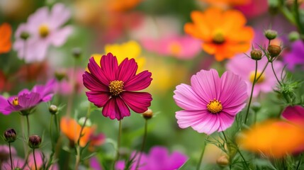 Fototapeta premium vibrant garden flowers in bloom with various colors creating a beautiful natural landscape during spring or summer season