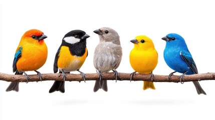 Obraz premium A photostock of colorful bird species perched on branches, isolated on a seamless white background, symbolizing nature and biodiversity. High Quality