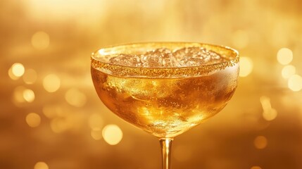 Luxury golden cocktail in elegant glass with ice and shimmering backdrop for festive celebrations or upscale events theme