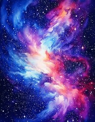 Galactic watercolor nebula in vibrant purples, blues, and starry white highlights