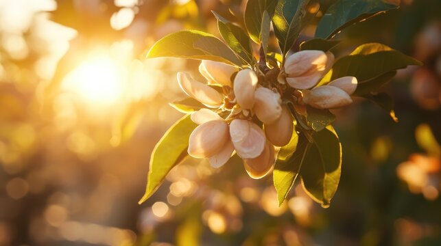 Harvested almonds on branches glowing in the warm light of the evening sun showcasing a picturesque agricultural scene.