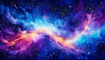 Galactic watercolor nebula in vibrant purples, blues, and starry white highlights