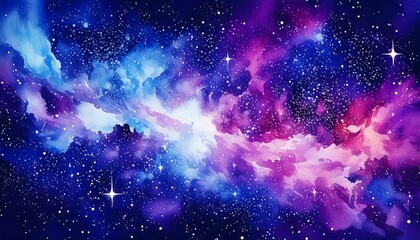 Galactic watercolor nebula in vibrant purples, blues, and starry white highlights