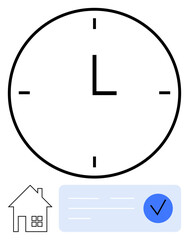 Large clock indicating time, home icon, and approved document. Ideal for time management, home organization, project planning, business approval, productivity tips, workflow processes, and time