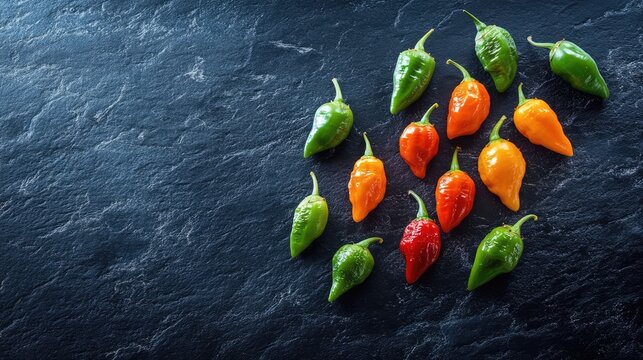 Habanero chili peppers ripe and unripe colorful varieties of capsicum chinense displayed on a dark stone surface gourmet food concept
