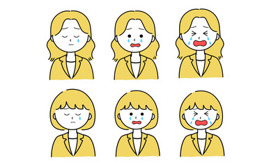 女性イラストセット／悲しみ／泣く／号泣（黄色）