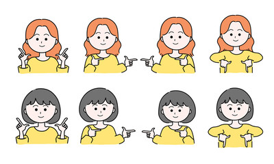 女性イラストセット／指をさす／指さし確認／上下左右