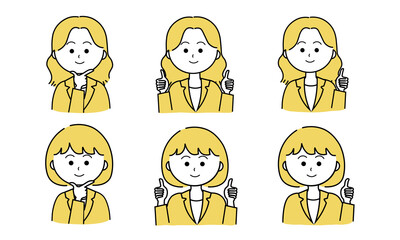 女性イラストセット／グッド／親指を立てる（黄色）
