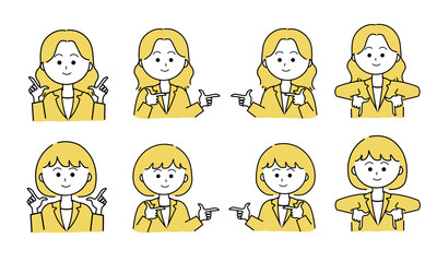 女性イラストセット／指をさす／指さし確認／上下左右（黄色）