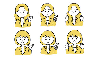 女性イラストセットOK／ピース／ガッツポーズ（黄色）