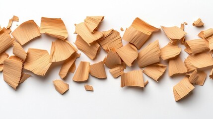 A photostock of delicate wood shavings curled into organic shapes against a seamless white background, perfect for woodworking or crafting themes. High Quality