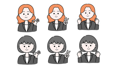 女性イラストセットOK／ピース／ガッツポーズ（スーツ）