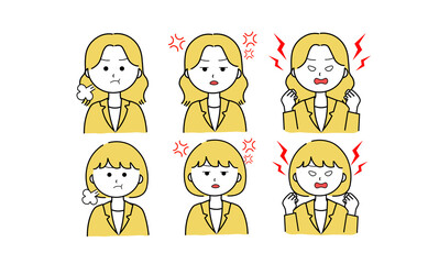 女性イラストセット／怒る／イライラ／激怒（黄色）