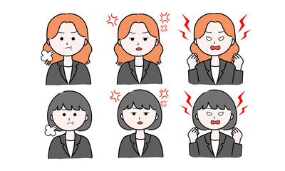 女性イラストセット／怒る／イライラ／激怒（スーツ）