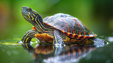 Fototapeta premium Vibrant Painted Turtle Resting by the Water's Edge with Detailed Shell Patterns and Reflective Surface in a Lush Green Environment