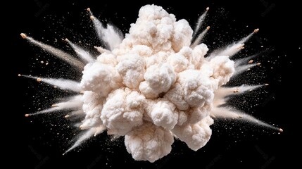 A photostock of dramatic white powder captured mid-explosion against a black background, ideal for bold and dynamic visuals. High Quality