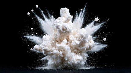 A photostock of dramatic white powder captured mid-explosion against a black background, ideal for bold and dynamic visuals. High Quality