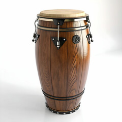 A classic conga drum with rich wood grain