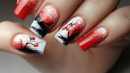 Elegant gel nails with artistic red and white design featuring tree branches and blossoms, perfect for nail art inspiration.