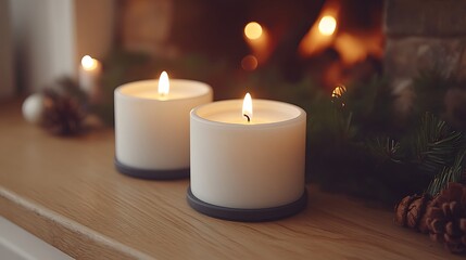 Two Lit Candles Resting On Wooden Mantelpiece