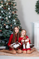Sisters Sitting by Christmas Tree with Gifts. Two smiling sisters in red sweaters holding wrapped...