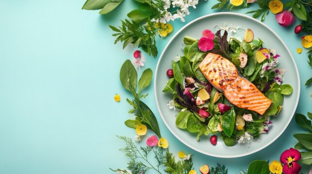 Grilled salmon steak served on a vibrant salad with fresh greens and colorful edible flowers on a light background - Powered by Adobe