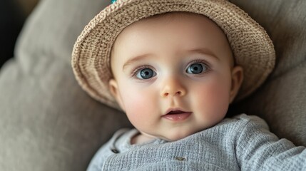 Adorable six-month-old baby wearing a festive hat, capturing the essence of holiday cheer and innocence in a cozy setting.