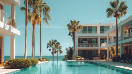Fototapeta premium A minimalist boutique hotel on a private island, with a modern facade of geometric balconies overlooking a pristine pool, surrounded by palm trees, tropical plants, and vibrant blue ocean views.