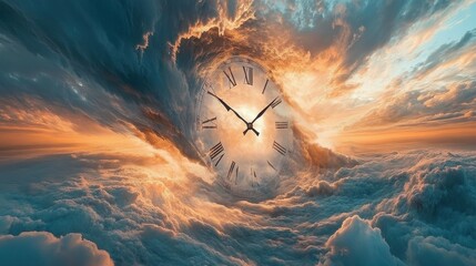 A clock is shown in the sky with roman numerals. The clock is set at 10:00