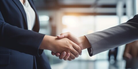 Businessmen shake hands greeting getting acquainted in office. Generative AI.