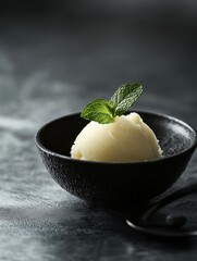 A scoop of creamy dessert garnished with a mint leaf in a textured black bowl.