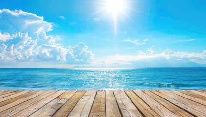 Fototapeta premium Empty wooden table with white sand calm sea bay blue sky, Beautiful summer nature vacation island in the background with copy space.