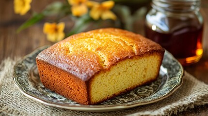 A loaf of cornbread on a vintage ceramic plate, placed on a burlap tablecloth with a jar of maple syrup nearby