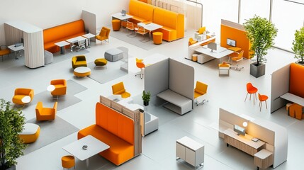 Modern office interior; orange, gray, and white furniture.