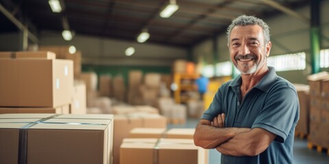 Fototapeta premium A middle-aged man working in a warehouse sending parcels with boxes. Generative AI.