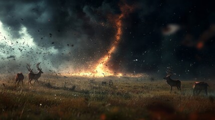 Fototapeta premium A tornado forming over a prairie with a herd of deer fleeing in the foreground, the grass and debris swirling violently