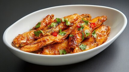 Fototapeta premium crispy fried mackerel fish garnished with herbs and chili served in a white dish on dark background