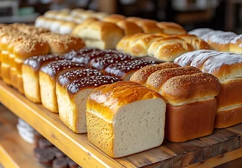 Selbstklebende Fototapeten Assorted Artisan Breads Displayed On Wooden Shelf © Diki prayoga