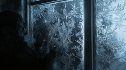 Fototapeta premium A close-up of frost on the window, a dark room with light shining through, an intricate pattern of ice on the windows, frozen window patterns, a cold winter scene