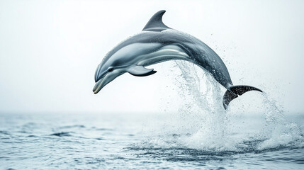 Photo realistic image of a sleek dolphin mid-leap. white background