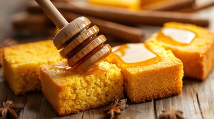 Close up of cornbread squares garnished with melted butter and honey, placed on a wooden table with cinnamon sticks