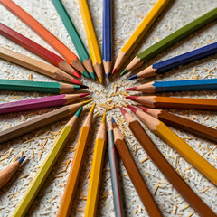 Fototapeta premium Pencils arranged neatly or scattered alongside pens create a visually appealing display