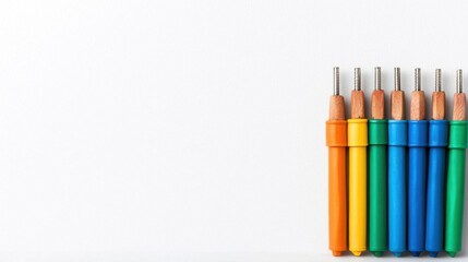 Fototapeta premium A photostock of brightly colored electrical wires with exposed ends spread out on a seamless white background, symbolizing energy and connection. High Quality